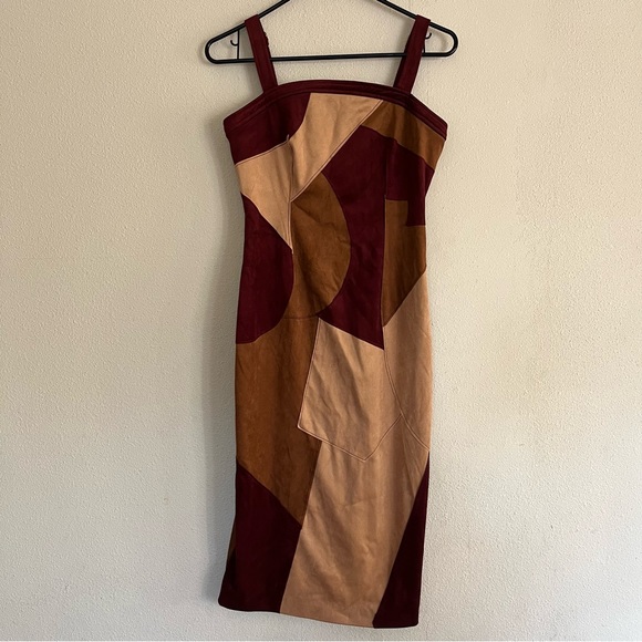 Ramy Brook Odette Patchwork Faux Suede Dress Size O Brown Burgundy Western Boho - Picture 3 of 11